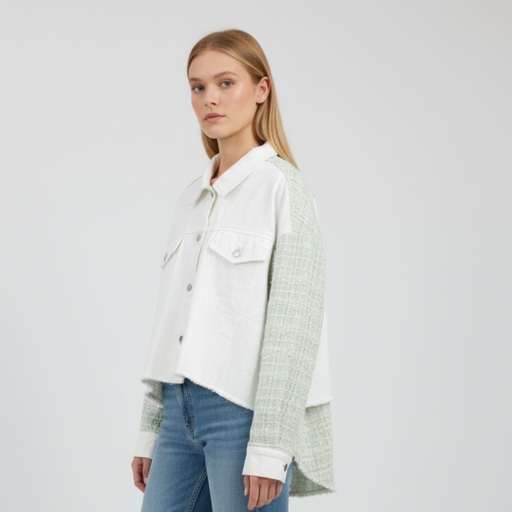 Dance & Marvel White/Mint Mixed Media Jacket – Size L, NWT